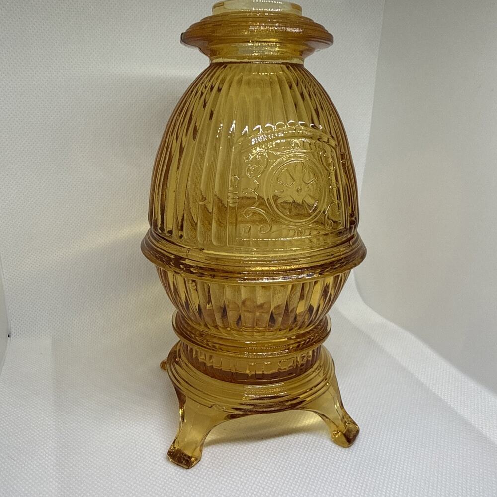 Vintage 2pc Viking Glass Amber Footed Pot Belly Stove Glimmer Fairy Lamp *Rare*